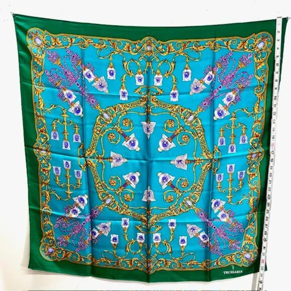 Unused TRUSSARDI 100% SILK Lg SCARF 34" Teal Green Gold Glass Purple (40 - Picture 13 of 13